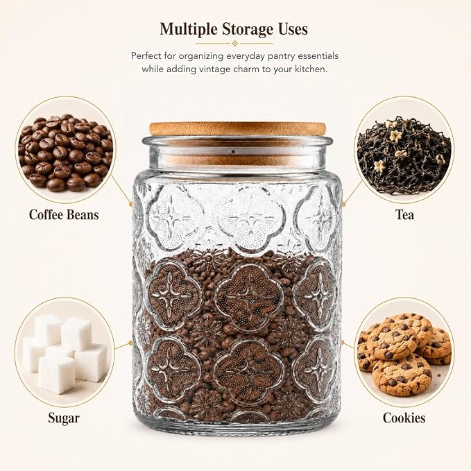 Glass Jar with Lid, 23.7 oz Decorative Mason Jar, Coffee Canister | Glass Storage Container with Lid, Airtight Kitchen Canister for Coffee, Tea, Sugar, Candy, Cute Jar
