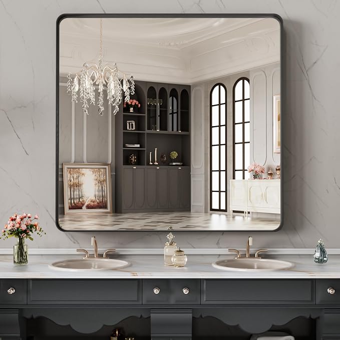 LOAAO 32X32 Inch Black Metal Framed Bathroom Mirror for Wall | Matte Black Bathroom Vanity Mirror, Anti-Rust, Hangs Horizontally or Vertically