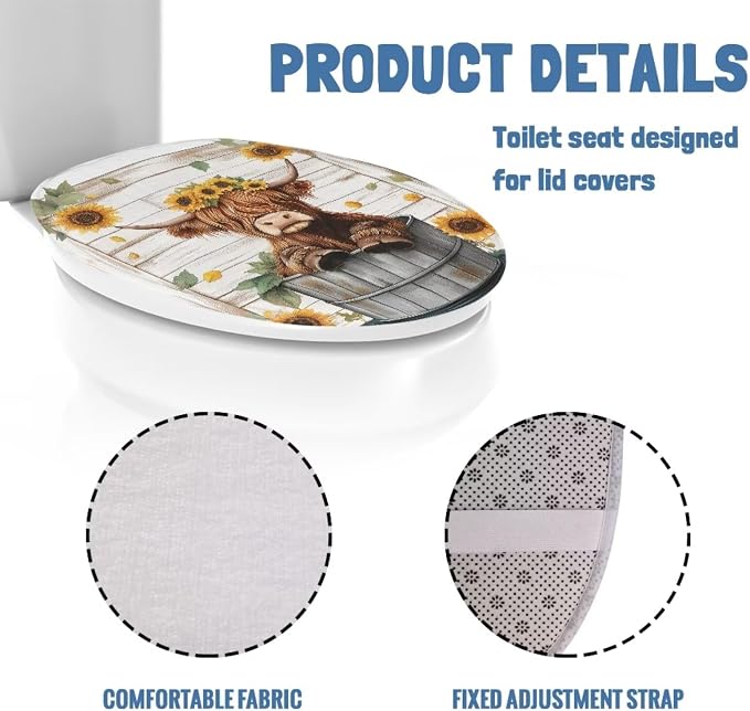 Highland Cow Toilet Lid Covers for Bathroom Elongated Sunflowers Flowers Round Toilet Lid Cover Universal Toilet Tank Cover Replacement with Elastic Band