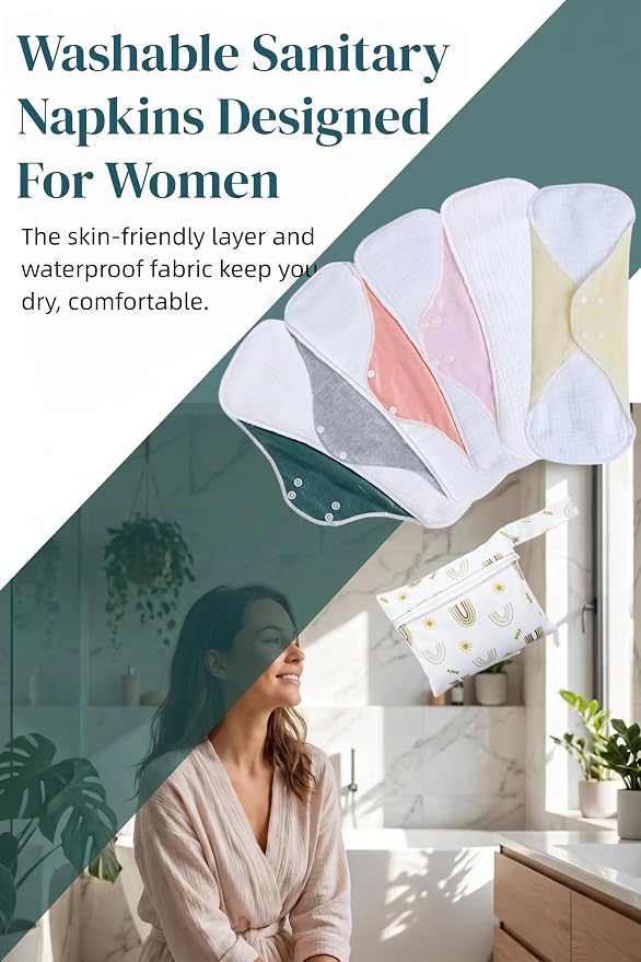 Washable Menstrual Pads,Reusable Incontinence Pads,Cloth Pads Sanitary Napkins,with 1 Storage Bag,Panty Liners/Cotton Pads Period for Women/Postpartum/Incontinence Patients(Yellow/L/5pcs)