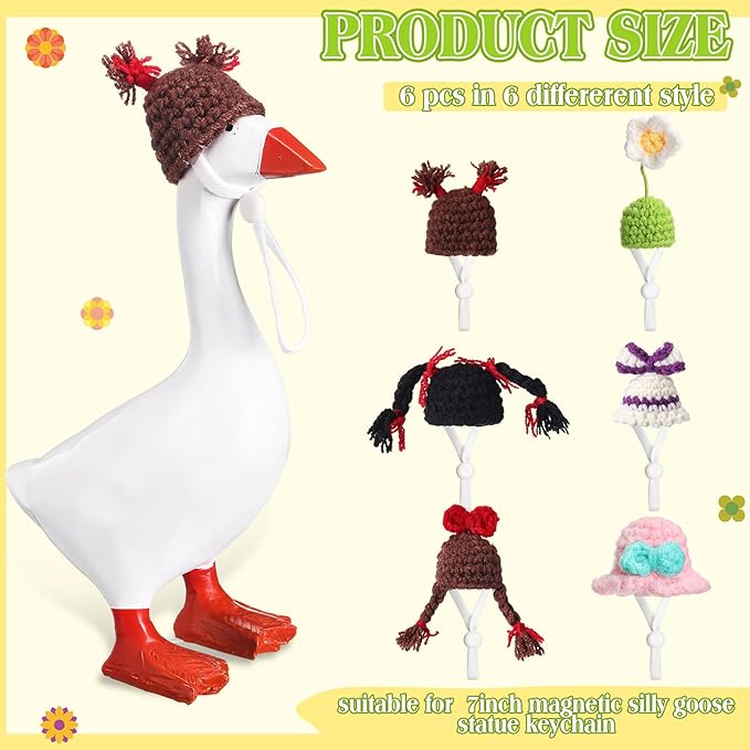 Geyoga 6 Pcs Mini Knitted Hats 7 Inch Goose Outfits Hat with Adjustable Strap Mini Porch Goose Headwear for Statue Key Holder