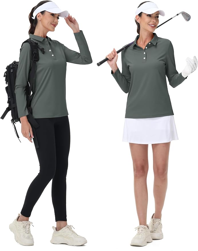 MAGCOMSEN Long Sleeve Polo Shirts for Women Golf Tops with Collar Work | UPF 50+ Sun Protection, 4 Buttons, Moisture Wicking, Breathable, 4-Way Stretch, Collared, Quick Dry, Active, Casual, Tennis