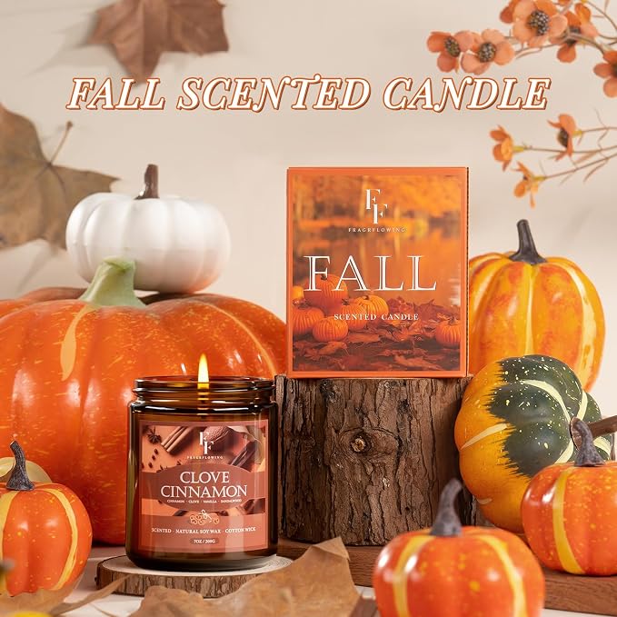 Fall Candle, Clove Cinnamon Scented Candles for Home, Natural Soy Autumn Candle Aromatherapy Candle, 7 oz Jar Candles Fall Gifts for Women Men