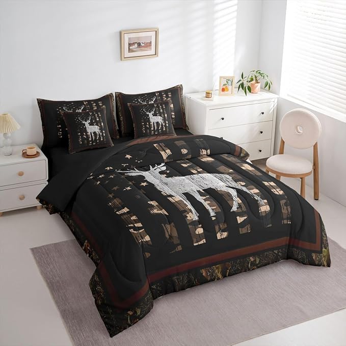 Feelyou Hunting Camo Deer Comforter Set Twin Size 7 Pieces Camo Wild Animal Bedding Set for Kids Boys Girls American Flag Bed in a Bag with Comforter, Sheets, Pillowcases, Cushion Covers Bedroom Decor