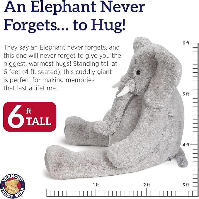 Vermont Teddy Bear Giant Elephant Stuffed Animal - 6 Foot Big Stuffed Elephant Plush from Giant Cuddle Collection - Collectible Plushies for Kids & Adults | Crafted in The USA