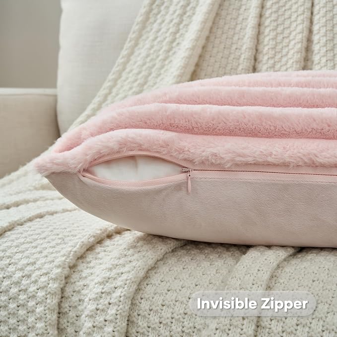 FUTEI Pack of 2 Faux Fur Throw Pillow Covers 28x28 Inch, Pink | Fluffy Faux Rabbit Fur Front/Premium Velvet Back,Hidden Zipper,Machine Washable,Non-Shedding,Colorfast,Insert Not Included.