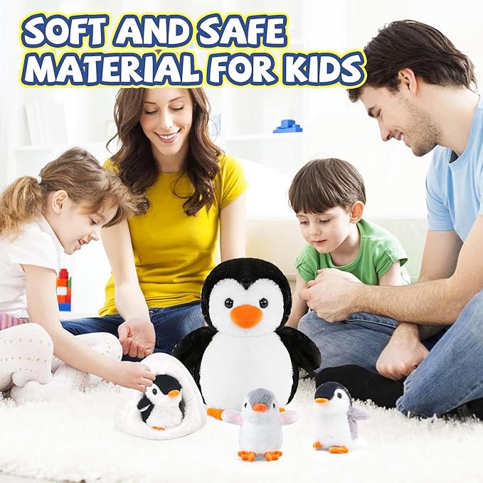 Penguin Stuffed Animal Set, Cute Mom and Baby Plush Penguins Dolls with Igloo, Plush Toys Set Ideal Gift for Kids Birthday