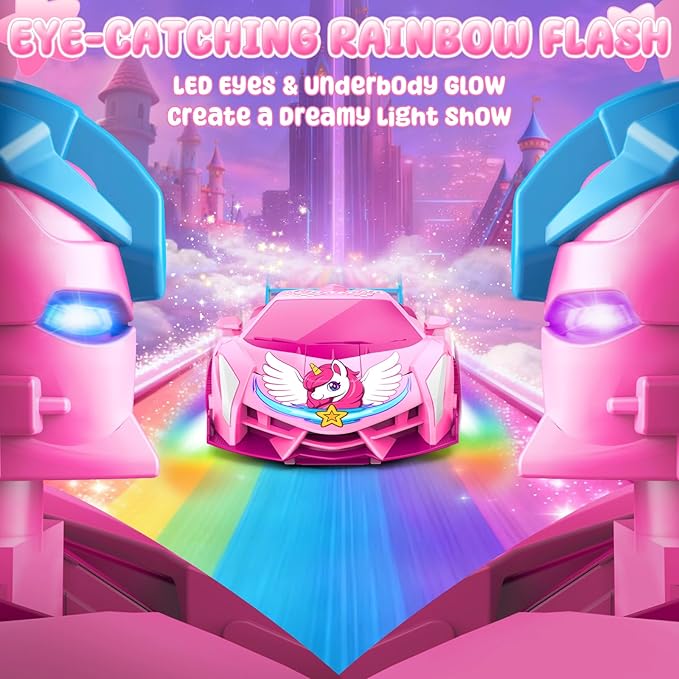 Unicorn Transform RC Cars for Girls Toys with Rainbow Eyes & Underbody Lights, Fast 360°Rotation & 2.4GHz Robot Remote Control Car One-Button Deformation,Stocking Stuffers for 3-12 Year Old Girl Gifts