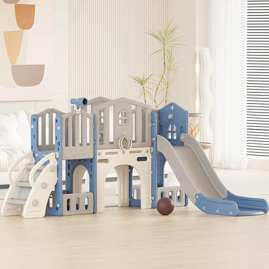 YUFU 9 in 1 Toddler Slide Set, Kids Slide for Toddlers Age 1-3, Toddler Playset with Climber, Ring Toss, Basketball Hoop and Ball, Indoor Outdoor Playground (Blue+Gray)