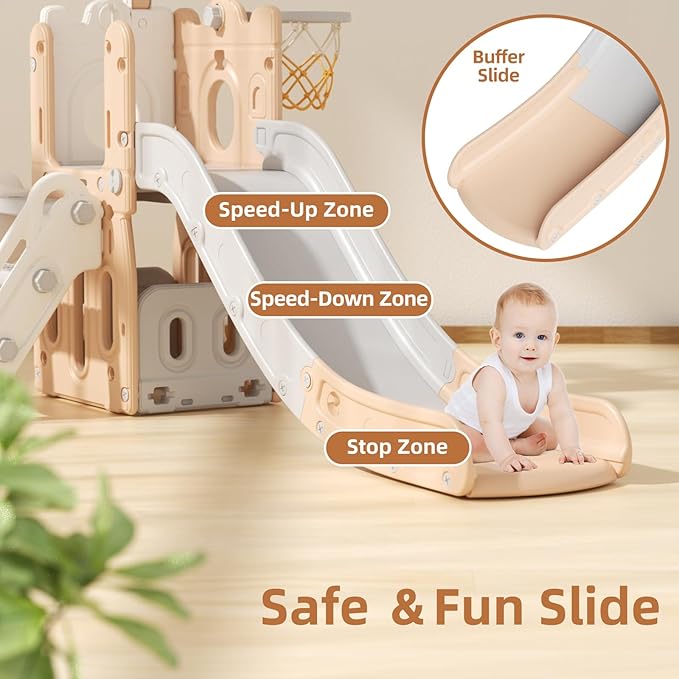 YUFU 6 in 1 Toddler Slide, Kids Climber Slide with Basketball Hoop and Ball, Indoor Outdoor Playset for Toddlers Age 1-3 (Pink Gray)