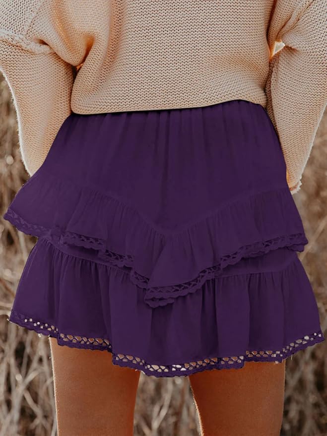 Flowy Shorts for Women Casual Boho Ruffle Tiered Skorts High Waist Mini Skirts Golf Tennis Crochet Shorts