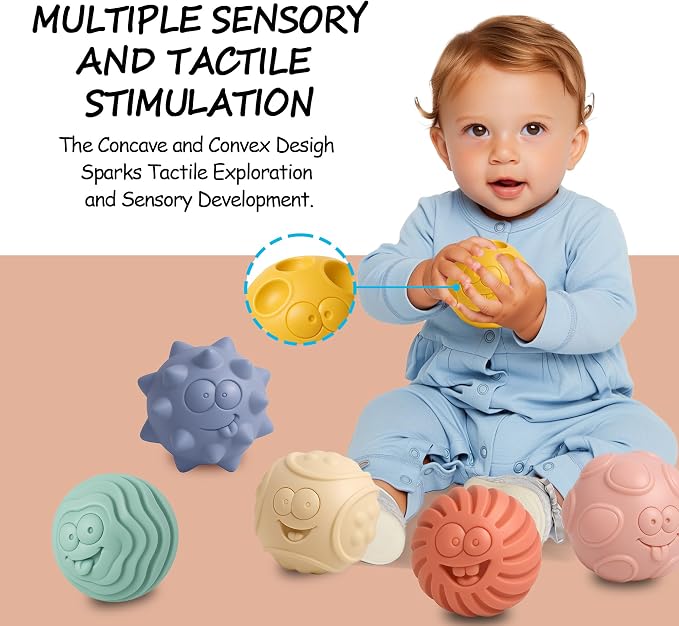 Sensory Balls for Baby, 6PCS Soft Textured Balls for 6-12M | Smiling Faces, Colorful Infant Ball Toys, Tummy Time, Learning & Travel, Montessori Gift for Baby Boys & Girls