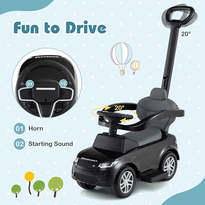 Costzon Push Car for Toddlers, 3 in 1 Land Rover Discovery Stroller Sliding Walking Car with Handle, Horn Sound, Underneath Storage, Armrest Guardrail, Foot-to-Floor Ride On Toy for Boys Girls (Black)