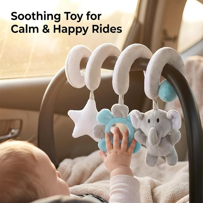 Car Seat Toys Spiral Hanging Elephant, Baby 0-6 Months Newborn, Carseat Hanging for Stroller Toys & Crib Hanging, Infant 0-6 Months with Rattle BB Squeaker Mirror, Baby Car Seat for Babies Boy Girl
