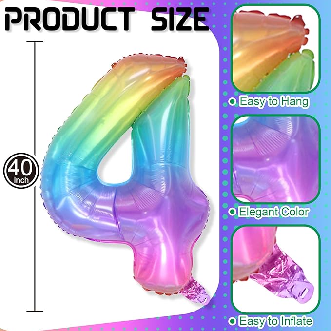 Foil 4 Balloon, Rainbow Number 4 Balloons for Kids Birthday Party Decor, 40'' Mylar Helium Self Inflating Multicolor Colorful Number Four Balloon for Girls 4th Birthday Party Anniversary Decorations
