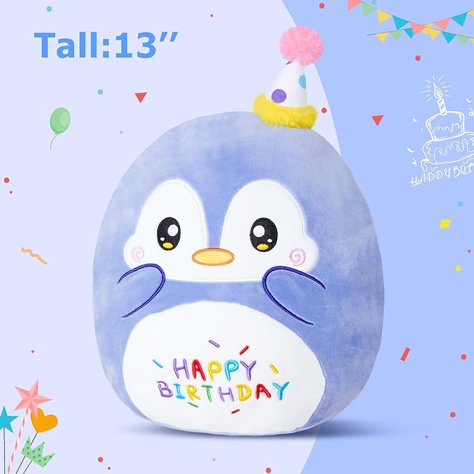 13“ Birthday Penguin Plush Pillow,Penguin Stuffed Animal, Soft Plushies Pillow Toys, Cute Happy Birthday Plush Toy Gifts for Kids Party Decor