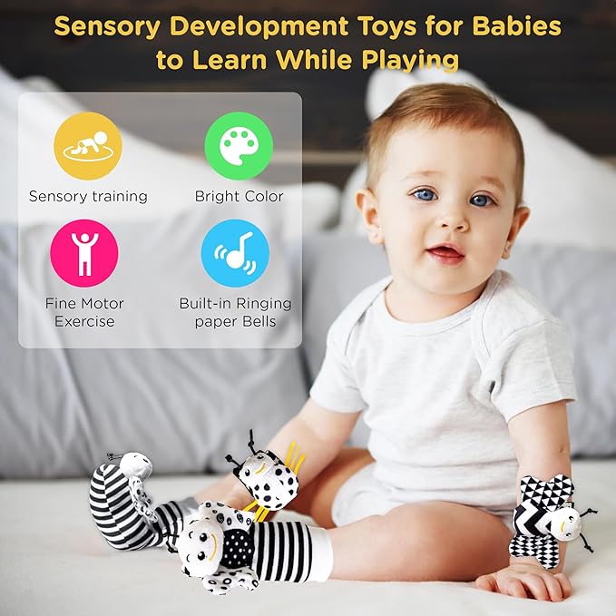 Infant Toys 0-6 Months, Newborn Baby Toys Rattle Socks | 4PCS Wrist Rattles Foot Finders Sock Set - Newborn/Babies Essentials Must Haves for 0-6-12 Months Gifts…