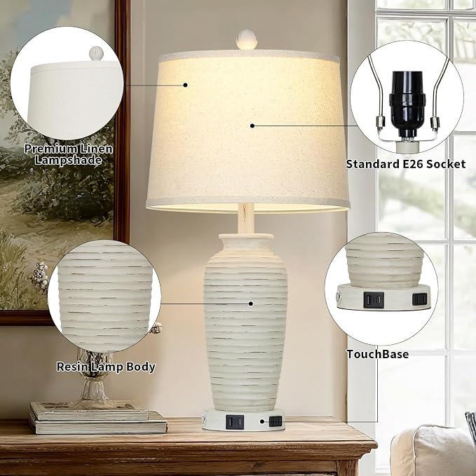CINSARY 25" Retro White Farmhouse Jar Table Lamps Set of 2, 3 Way Touch Control Rustic Bedside Lamps with USB A+C Ports & AC Outlet, Pot Nightstand Lamps for Bedroom Living Room (LED Bulbs Included)