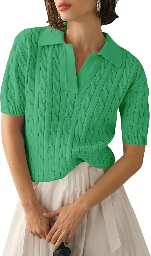 Micoson Womens Short Sleeve Sweater Tops Lapel V Neck Polo Shirts 2026 | Summer Cable Knit Loose Blouses, Business Casual Outfits