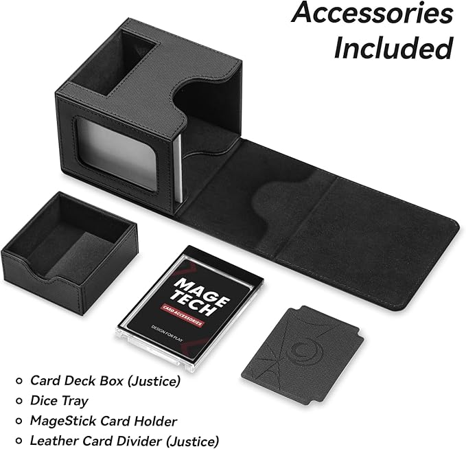 Mage Tech Card Deck Box for MTG Commander - Patented Design, Commander Display, Fits 100 Double-Sleeved Cards, 35pt Card Brick & Dice Tray - Justice Black