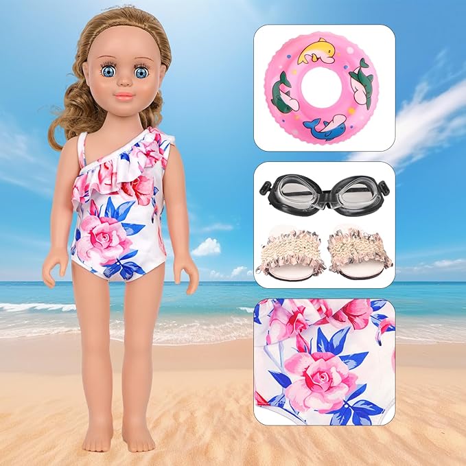 Doll Swimsuit Set for 18-Inch Doll, 7 Pcs Doll Swimming Accessories, 18-Inch Doll Bathing Suit Set, Fashion Doll Water Play Set, Doll Swimsuit, Goggles, Flip-Flops and Inflatable Swim Ring