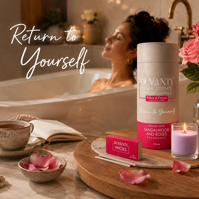 Relax & Focus Pearled Candle Sand with Wicks – Sandalwood & Roses Scented Candle for Elegant Home Ambiance, Decorative Wax Beads & Cozy Evening Rituals, 17.6 oz