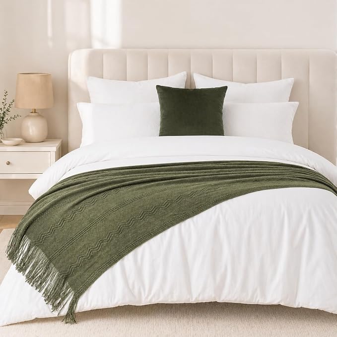 BATTILO HOME Olive Green Throw Blanket for Couch, 50"x60" | Dark Green Blanket with Tassels for Home Decor, Decorative Knitted Throw Blanket for Couch Cover