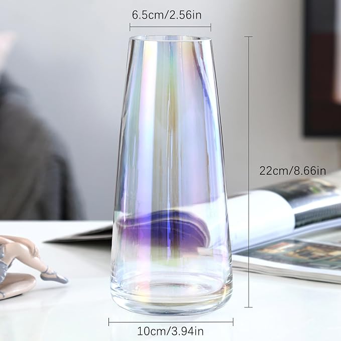 Aoderun Flower Vase Modern Home Decor Glass Vase for Bouquet 8.7" Centerpiece Decor Room Living Room Library Office Table Entryway Modern Farmhouse(Iridescent Clear)