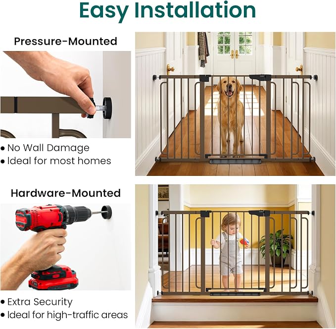 Cumbor 30.4-56.8" Extra Wide Baby Gate for Stairs, Dual Lock & Self-Closing Dog Gate Indoor, Easy Install Pet Gate for Doorways & Wide Openings, Easy Walk Thru Safety Proofing for Babies & Pets, Brown