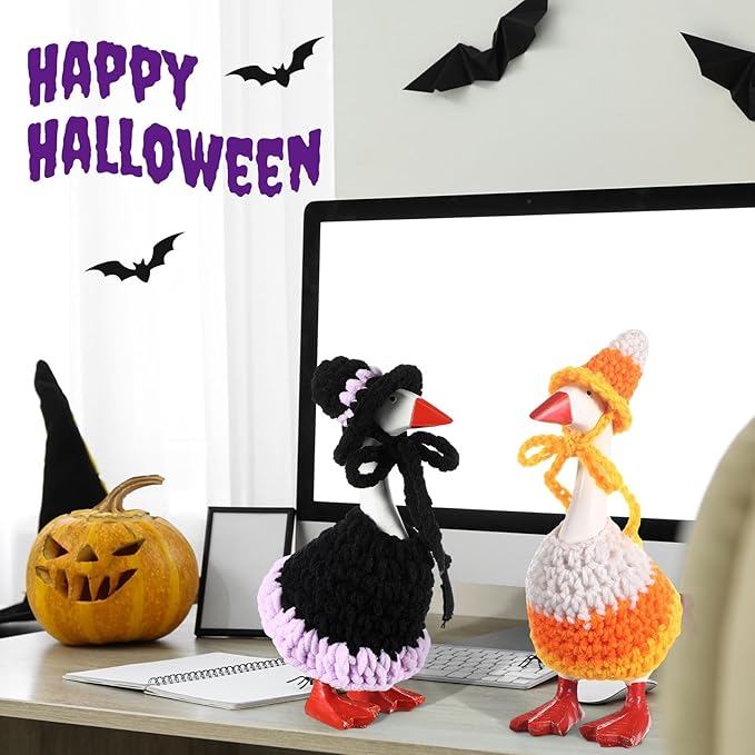 Halloween 7inch Desk Goose Outfits Mini Knitted Costume with Hat for Desk Magnetic Goose Key Holder Halloween Decor (Witch)(2 Sets,Witch and Candy Cone)