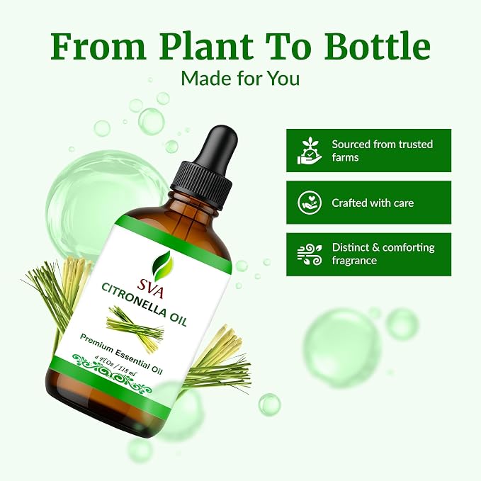 SVA Citronella Essential Oil 4 Fl Oz – for Diffuser, Skin & Hair Care – Ideal for Massage & DIY Blends – with Dropper