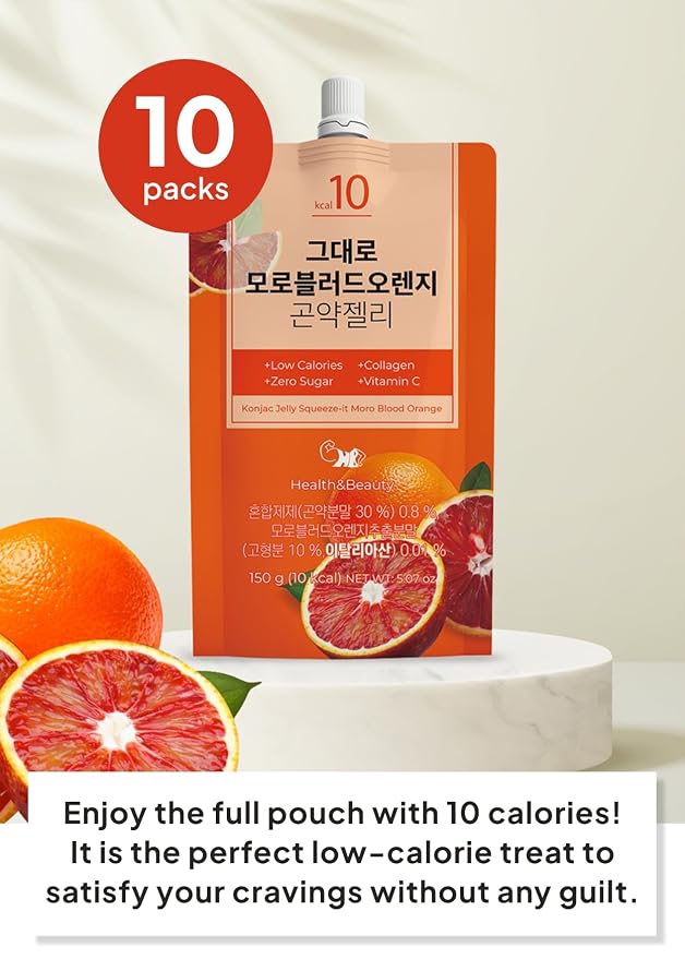 Korean Food Konjac Jelly, Blood Orange, Zero Sugar, Fish Collagen, 10 Pack | Chewy konjac jelly with blood orange flavor in convenient single-serve pouches
