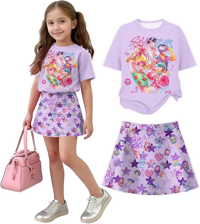 HTHLVMD K Pop Short Sleeve T-Shirt and Skirts Outfits Set for Girls Hunters Rumi Mira Zoey Graphic Tees De-Mon Costume