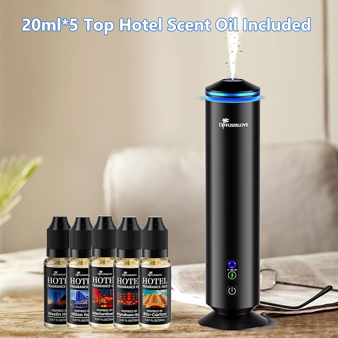 Diffuserlove Full Metal Body Waterless Scent Diffuser with 5 Hotel Scent Oils Hotel Diffuser Waterless Aromatherapy Essential Oil Diffuser UP to 1000 Sq Ft Coverage for Home Office