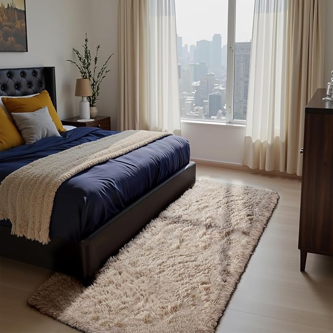 Soft Runner Rugs for Bedroom, Beige 3x7 Area Rugs Fluffy Rug Shag Area Rug Carpet, Bedside Rug for Living Room Bedroom Room Home Decor
