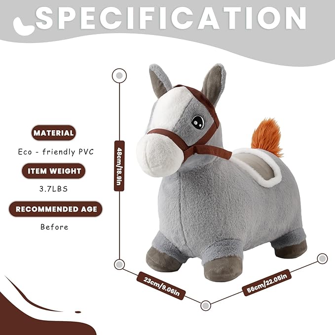 Hopper Toy 2 Year Old Boy, Toddler Plush Bounce Animals, Ride on Bouncing Plush Inflatable Horse, Outdoor Indoor Hopping Horse Bouncer, Birthday Gifts for 18m -5 Years Old Kid (Gray)