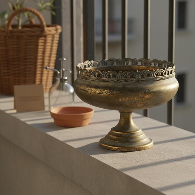 Pedestal Planter Iron Antique Pedestal Planter Distressed Finish Compote Vase for Decorative Display, Floral Arrangements, Short