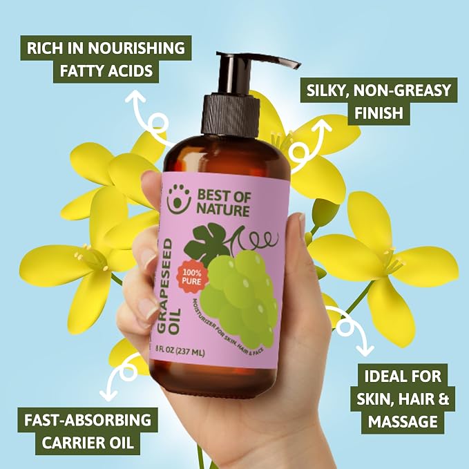 Best of Nature 100% Pure Grapeseed Massage & Body Oil, Unscented Lightweight Non-Greasy Moisturizer for Hair, Skin, Face, & Aromatherapy Carrier Oil for Essential Oils, 8 oz.
