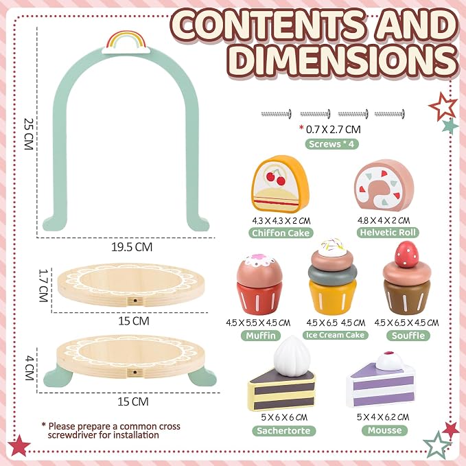 Wooden Cake Toys Tea Party Set, Desserts Food Toy with Cupcake Stand, Kids Pretend Play Kitchen Accessories, Wooden Play Food Set Toy Baking Gift for 3 4 5 Years Old Girls Boys