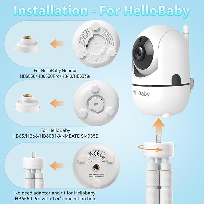 Tripod Baby Monitor Mount for HelloBaby HB6550/ HB6560/ HB65/ HB6351/ HB40/ HB6339/ HB6336, ANMEATE SM935E Monitor, Flexible Baby Camera Stand with 1/4" Screw – Portable, No Drilling