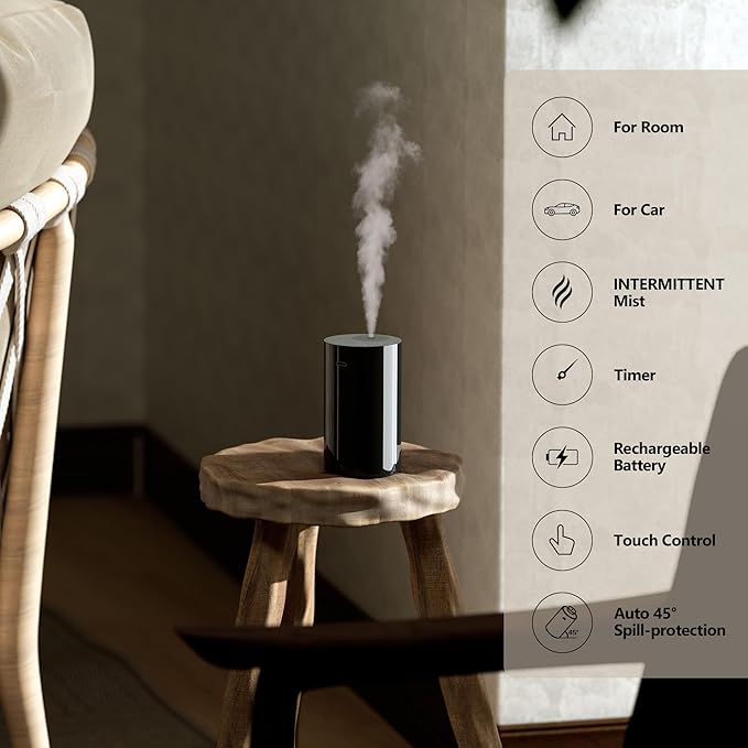 Airversa AN8 Waterless Essential Oil Diffuser Starter Kit, Black | 2X20 mL W+WST Hotel Scent Fragrance Oil, Up to 600 sq ft, Battery Operated, Portable for Home Car Office, AN8Kit-2x20-W