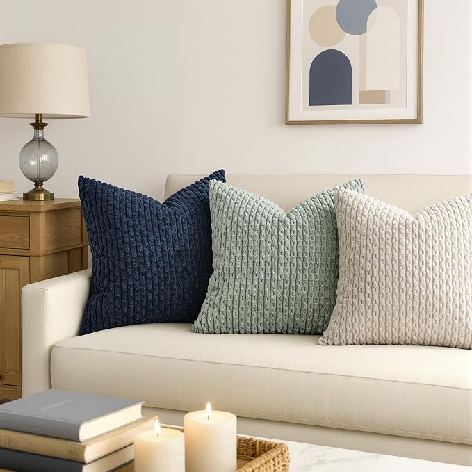 MIULEE Decorative Throw Pillow Covers 18x18 Greyish Green Textured Corduroy | Pack of 2 Striped Pillow Covers Modern Farmhouse Home Decor for Couch Bed Sofa Living Room