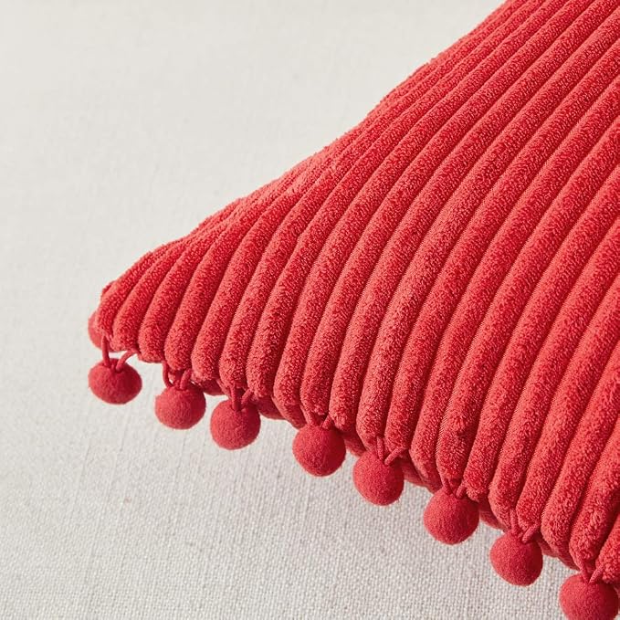 Fancy Homi Pack of 2 Boho Red Decorative Throw Pillow Covers with Pom-poms, Soft Corduroy Solid Square Cushion Cases Set for Couch Sofa Bedroom Car Living Room (16x16 Inch/40x40 cm, Christmas Red)