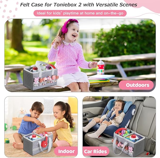 PISOSN Carrying Case for Toniebox Starter Set and Tonies Figurines, Travel Felt Cloth Musical Toy Folding Bag for Toniebox 2 & Accessories (Gray)