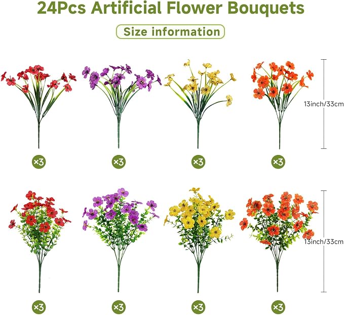 Alupssuc 24 Bundles Artificial Daisy Flowers UV Resistant for Outdoor Decor | Silk & Plastic, Spring Faux Plants Greenery, Bendable Stems, for Porch Patio Hanging Window Planter Yard Outside, 4 Colors