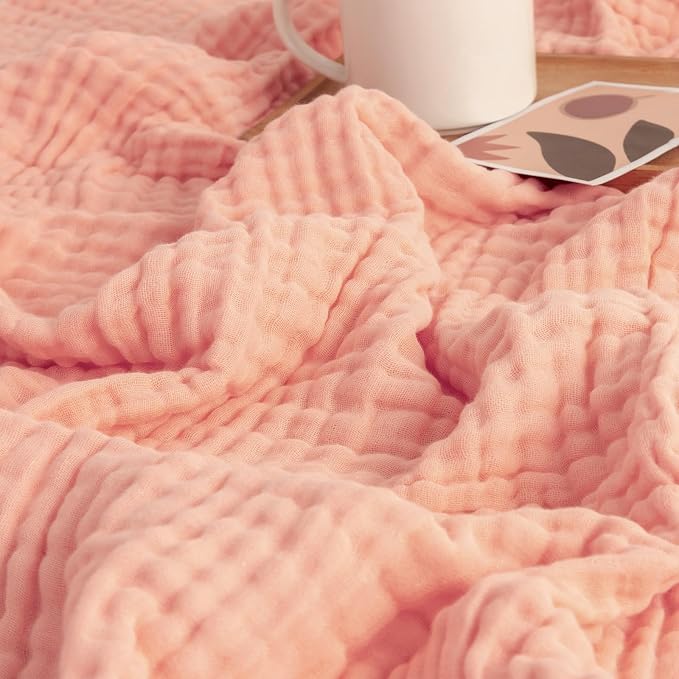 EMME Muslin Blankets for Adults Throw Blanket for Couch Breathable Gauze Soft Lightweight Airy Pink Queen 90" x 90"