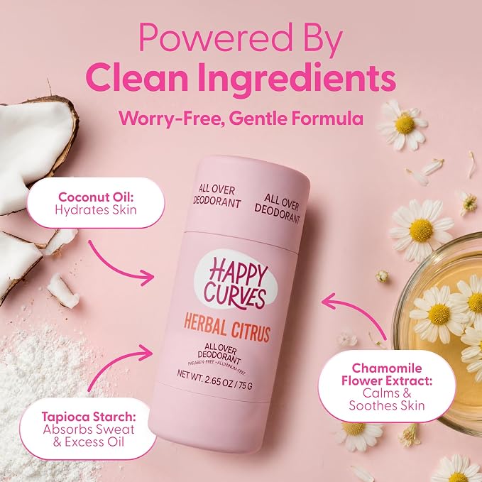 HAPPY CURVES All Over Whole Body Deodorant for Women - Aluminum-Free - Invisible All Day Layer of Full Body Protection for Long Lasting Odor Control, Sensitive Skin, & Private Parts - Herbal Citrus
