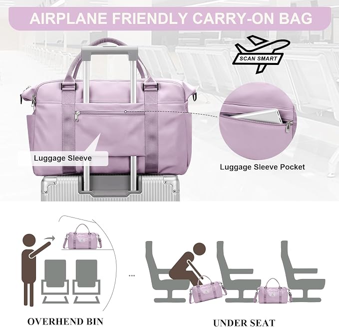 Travel Duffel Bag, Carry On Overnight Weekender Bags for Women | Travel Bag with Wet Pocket & Trolley Sleeve, For Spirit Airlines 18x14x8 Personal Item Bag
