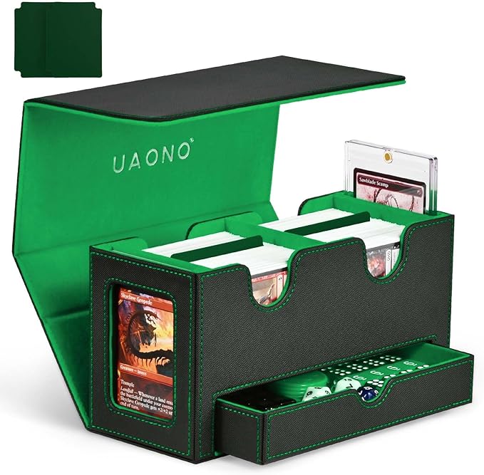 UAONO Card Deck Box for MTG, Double Card Storage Box with 2 Commander Display & 1 Dice Tray, Fits 200+ Double Sleeved Cards, Organizer for CCG TCG Sports Cards (Black Green)