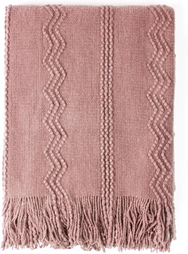 BOURINA Coral Pink Throw Blanket 50x90Inch Boho Knit Soft Throw Bed Blanket | Knitted Throw Blanket 50x90 Inches, Soft Lightweight Boho Weave Throw Decorative Couch Blanket for Living Room Bed Runner